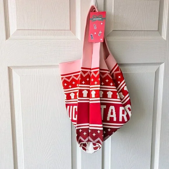 New 2023 China Starbucks Christmas Knitted Pink/Red Tote Bag - Picture 3 of 5